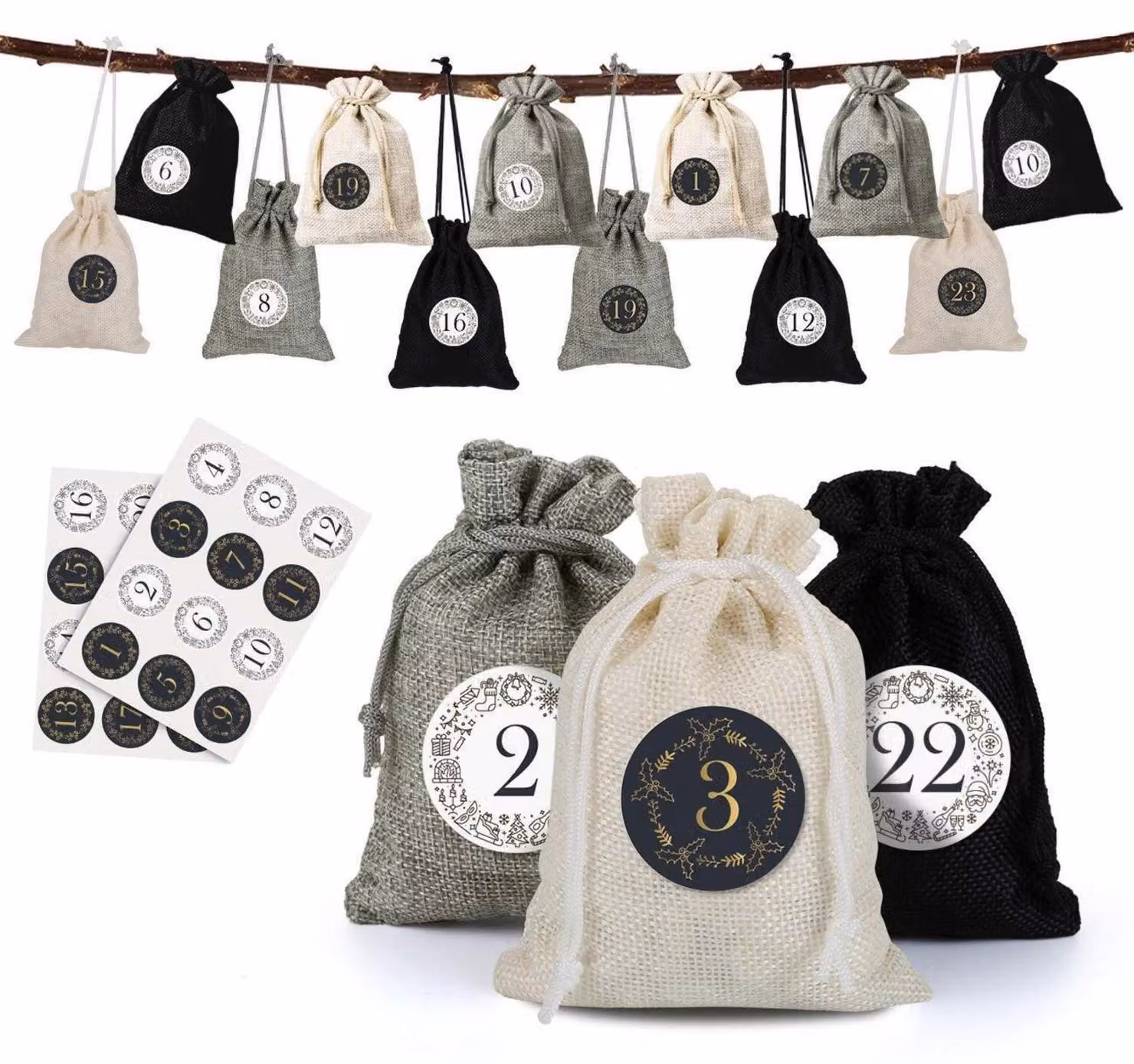 Calendario dell'Avvento con 24 sacchetti in tessuto, con adesivi numerati, dimensioni 10x14 cm, colori: nero, crema e grigio chiaro