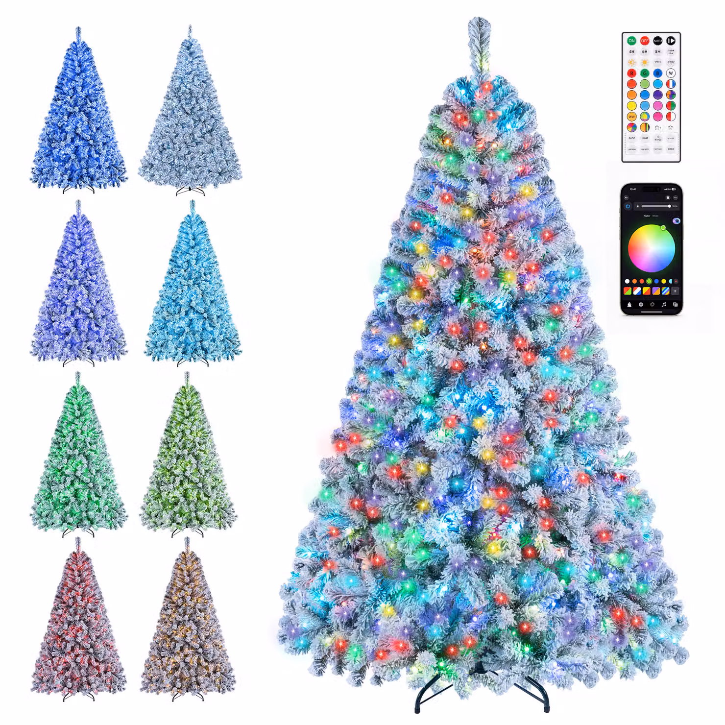 Costway Albero di natale artificiale con luci led rgb 8 modalità dinamiche, Decorazione natalizia pre-illuminato con effetto neve