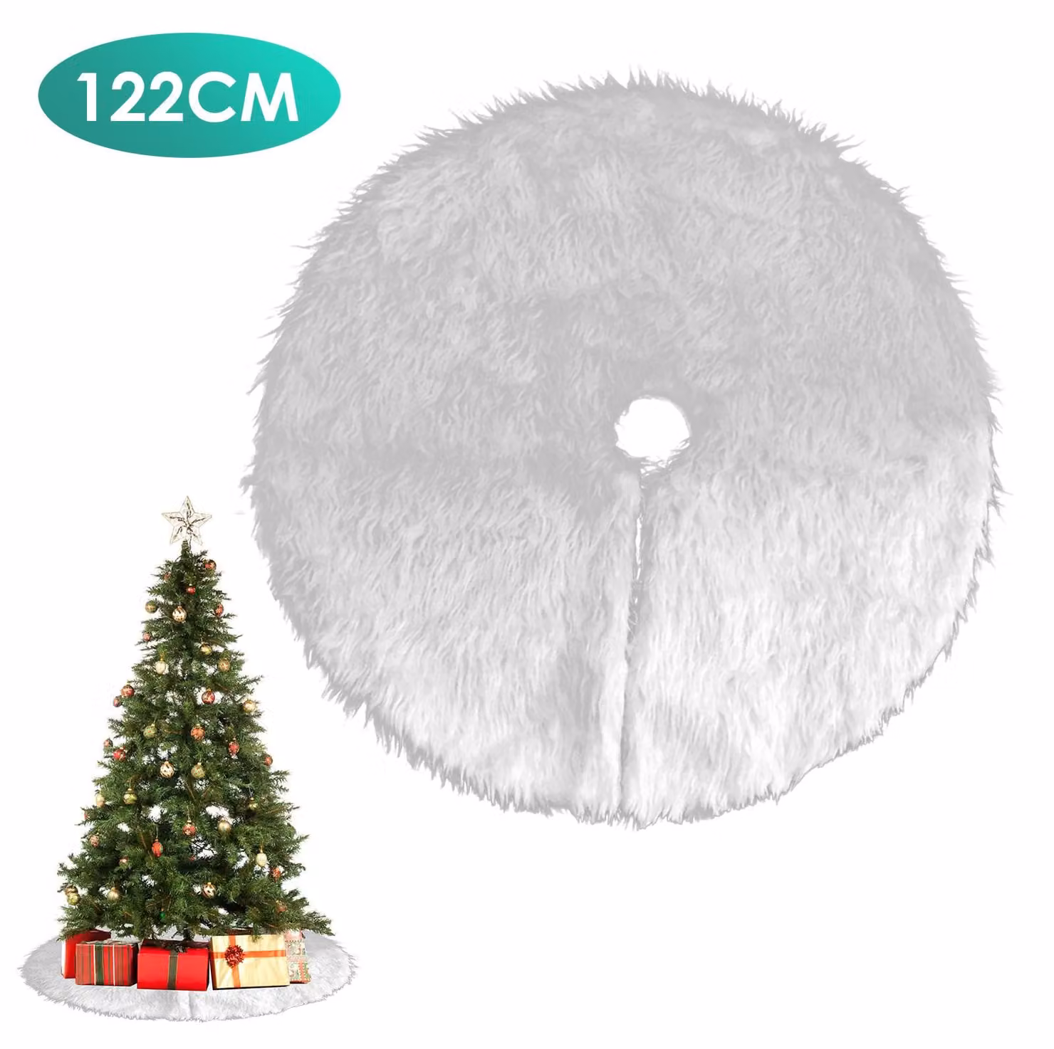 Copertura per albero di Natale Ikodm, 122 cm, bianca, realizzata in morbido peluche, con chiusura a strappo nascosta, ideale per il soggiorno