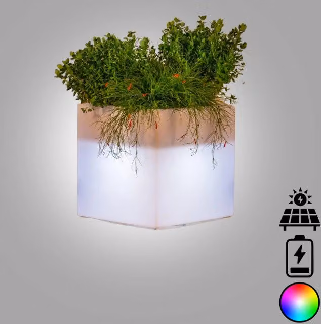 Vaso luminoso moderno a forma di cubo multicolor con LED e ricarica solare in polimero per interno ed esterno L: 40 cm, P: 40 cm, H: 40 cm
