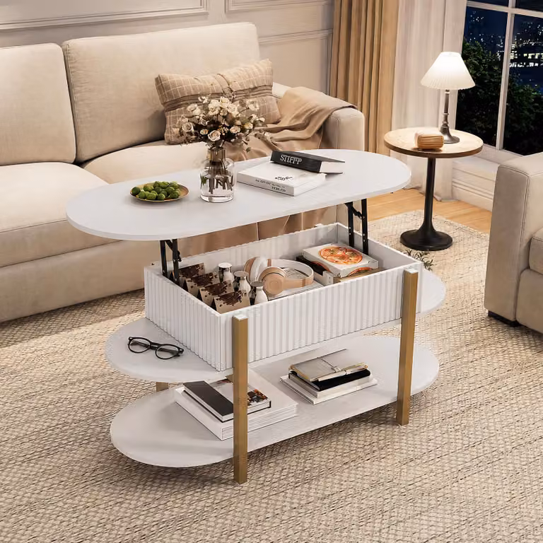 UnboxG: Tavolino da divano regolabile in altezza con spazio contenitore, tavolino ovale per soggiorno con 2 ripiani, tavolino con sistema a gas per sollevamento, bianco e oro. Moderno tavolino per soggiorno, ufficio o camera da letto