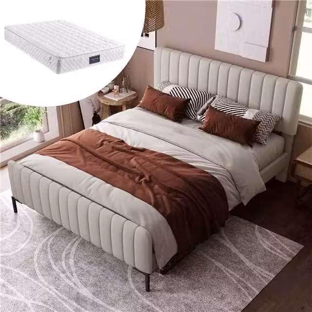 Letto imbottito Sweiko Letto matrimoniale con testiera regolabile e rete a doghe, lino, 160 x 200 cm, beige (con materasso)