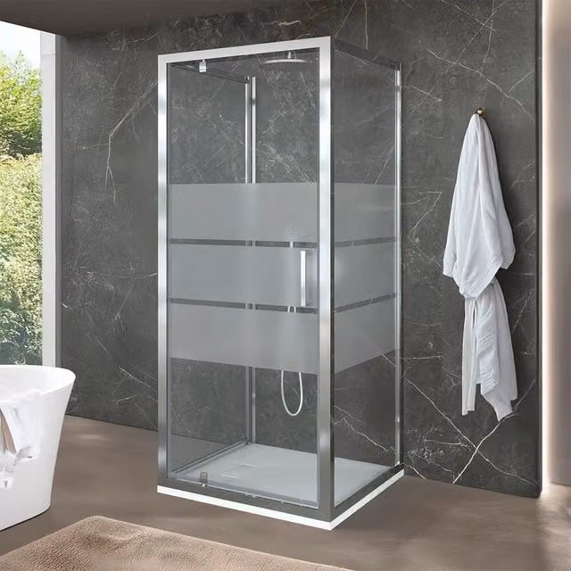 Box doccia angolare INBAGNO con vetro serigrafato bianco e trasparente, doppia porta fissa e battente, L/P/H: 90 x 90 x 200 cm