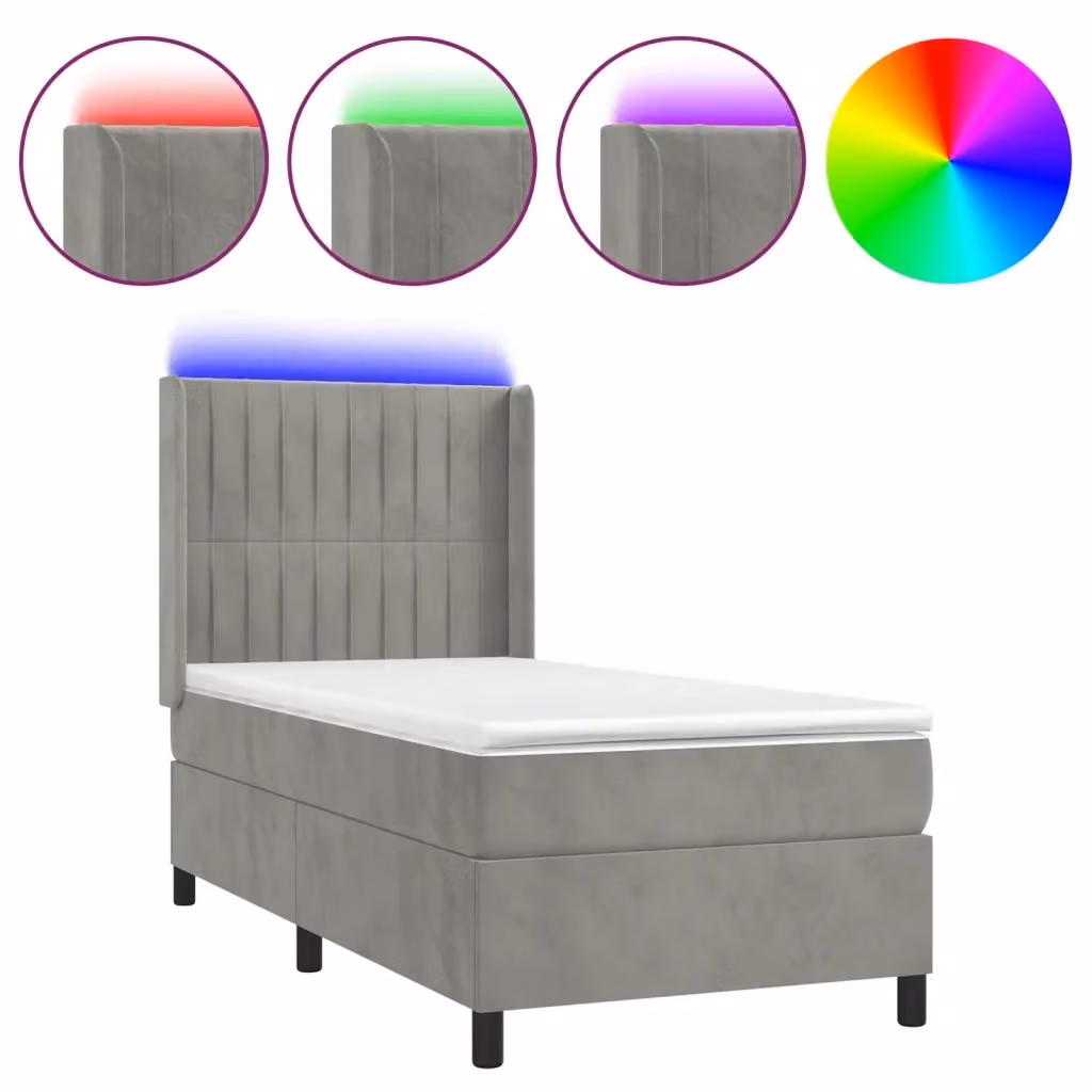 Letto con Materasso Ibrido e Illuminazione LED vidaXL in Velluto Grigio Chiaro, L/P/H: 90 x 190 cm – 2