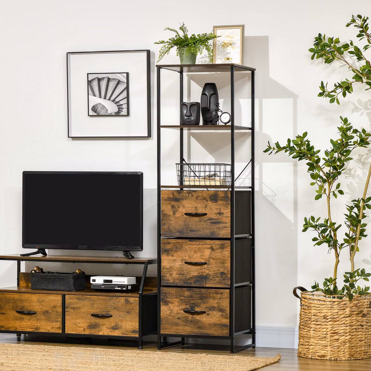 Mobile da archiviazione HOMCOM in stile industriale con ripiani e 3 cassetti in tessuto rimovibili, colore marrone, L 44 cm x P 40 cm x H 155 cm – 2