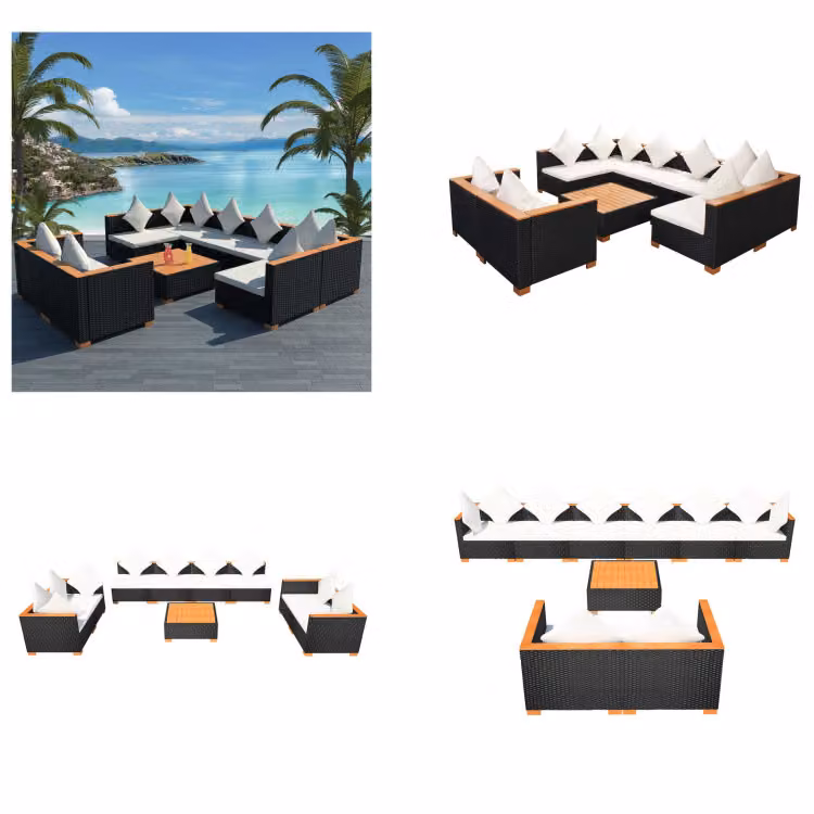 vidaXL 9 pezzi set salotto da giardino con cuscini in poly rattan nero - Set di mobili da giardino - Set di mobili da giardino - Divano da giardino - Divani da giardino