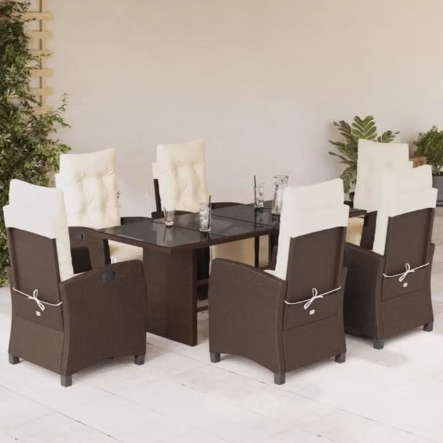 Set da Pranzo da Giardino 7 Pezzi vidaXL in Polyrattan Marrone e Bianco con Piano in Vetro