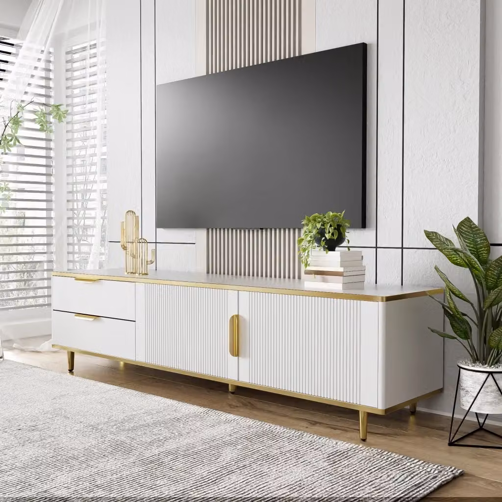 Mobile TV moderno REDOM con 2 cassetti in MDF, Bianco e Oro, L: 170 cm, P: 37 cm, H: 45 cm – 2