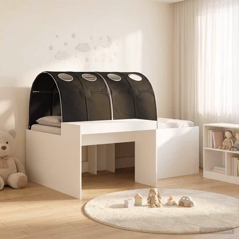 Letto singolo con tunnel per bambini vidaXL in legno ingegnerizzato, Bianco, Nero e Marrone, L/P/H: 200 x 140 x 142 cm
