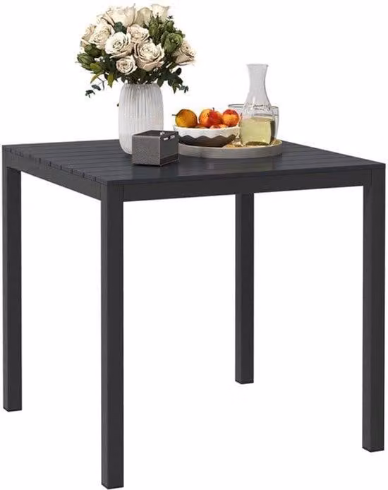 Tavolo per mobili da giardino in alluminio – Tavolo per campeggio – Tavolo da esterno – Tavolo da balcone – Tavolo buffet – Colore nero – Alluminio resistente agli agenti atmosferici – Design effetto legno – Dimensioni 73x73 cm