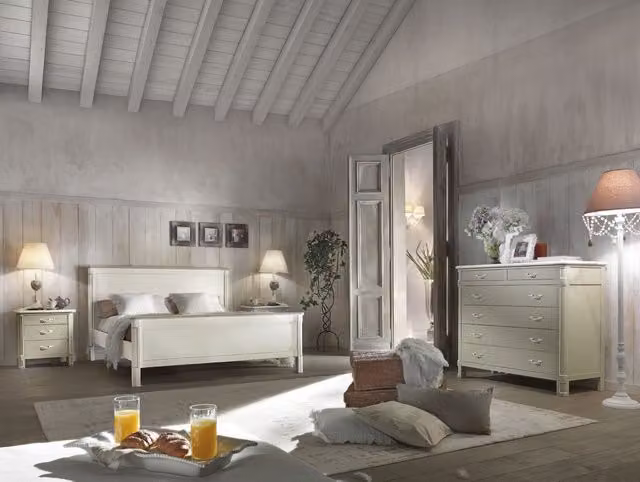 Set camera matrimoniale shabby chic in legno di pino e pioppo Mobili 2G bianco e grigio L: 183 cm, P: 214 cm, H: 110 cm – 1