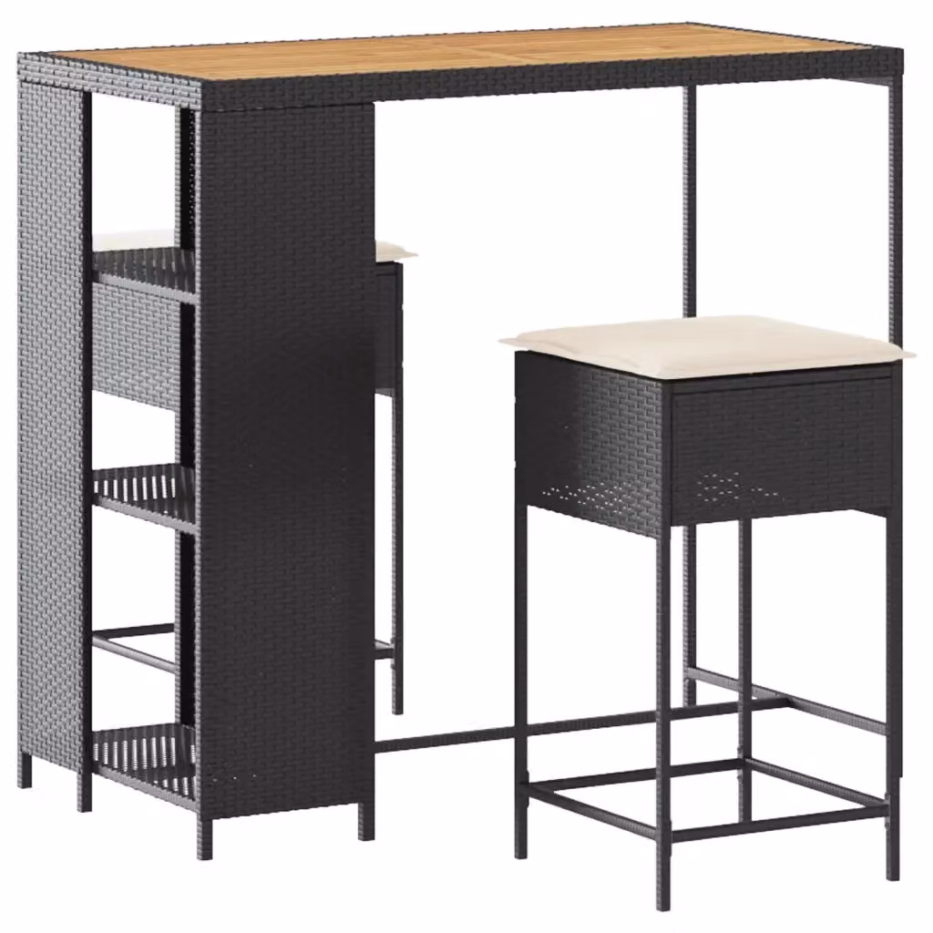 Set Bar da Giardino vidaXL in Polyrattan e Legno di Acacia con Cuscini Nero e Bianco 3 pz – 2
