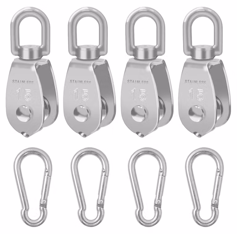 Set di 4 carrucole in acciaio inossidabile M15, complete di 4 ganci a uncino, capacità di carico: 35 kg