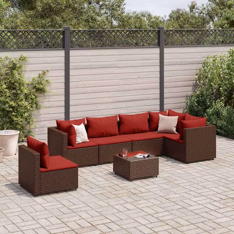 Set Divani da Giardino vidaXL 7 pz con Tavolino in Polyrattan e Cuscini Marrone e Rosso