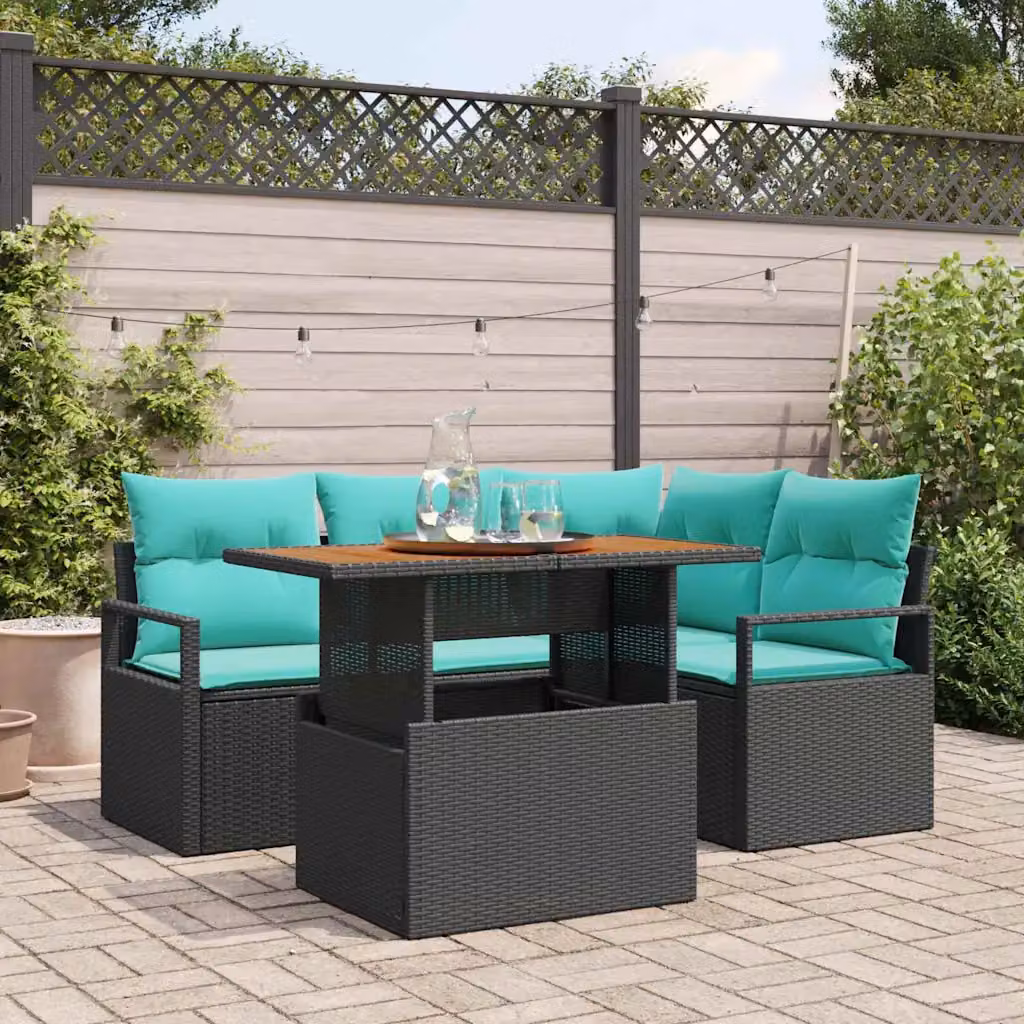 Set Divano da Giardino vidaXL 5 Pezzi in Polyrattan e Legno di Acacia, 4 Posti, Nero e Petrolio