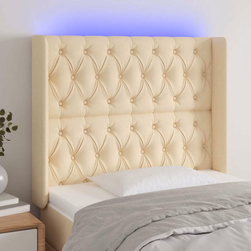 Testiera con LED vidaXL in tessuto beige con porta USB e luce da lettura, L: 103 cm, P: 16 cm, H: 118-128 cm