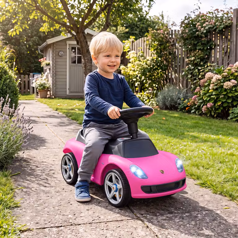 Macchinina cavalcabile Costway con volante, clacson, cruscotto simulato e fari, rosa, capacità di carico 30 kg, per bambini dai 18 mesi in su