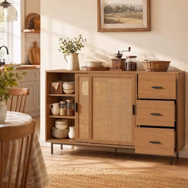 Credenza con 2 ante scorrevoli in rattan e 3 cassetti; 140 x 37 x 91 cm; naturale