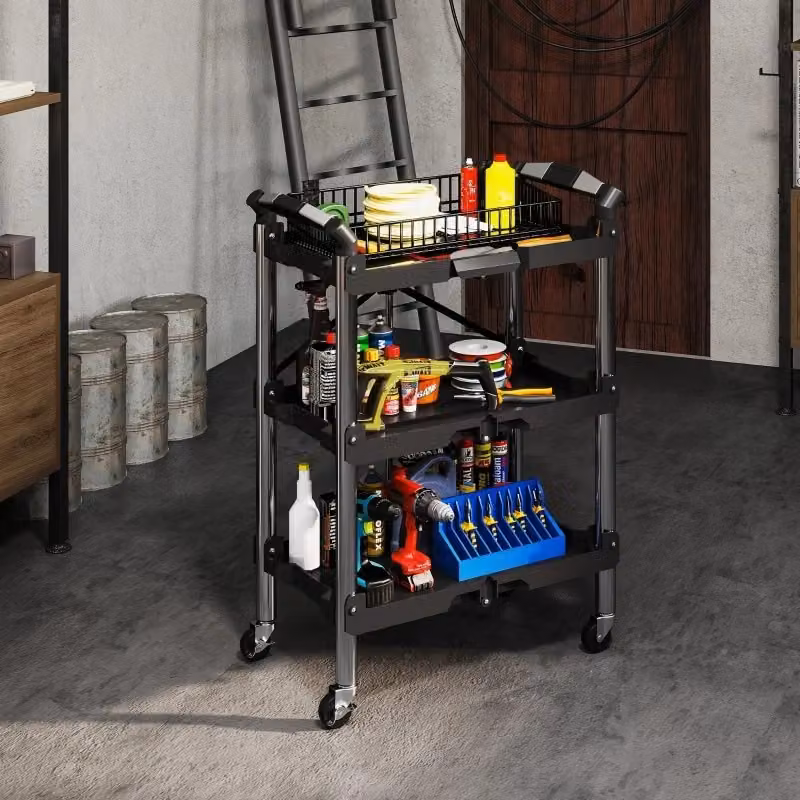 Carrello portautensili pieghevole REDOM in plastica e acciaio, colore nero, L 64 cm x P 37 cm x H 84 cm – 2