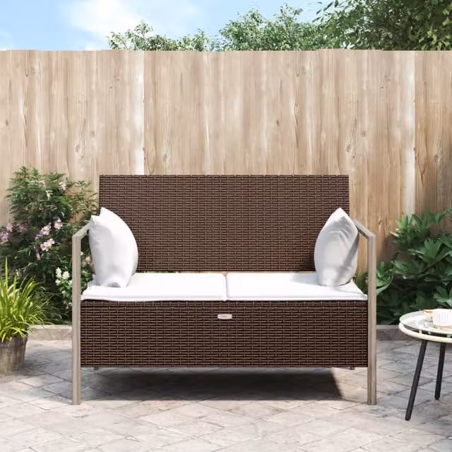 Panca da giardino a 2 posti vidaXL in polyrattan marrone e bianco con cuscini e braccioli L: 112 cm, P: 59 cm, H: 82,5 cm – 1