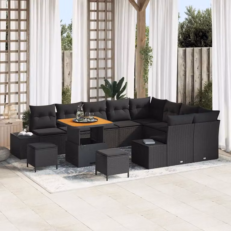 Set Divano da Giardino vidaXL 12 Pezzi in Polyrattan Nero con Cuscini e Tavolino da Esterno