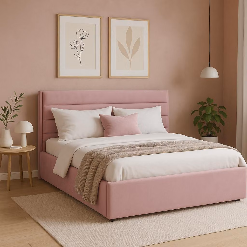 Letto imbottito Sofello in velluto rosa, 160 x 200 cm, base a doghe in legno con meccanismo di sollevamento, letto matrimoniale in velluto con splendida trapuntatura e design speciale