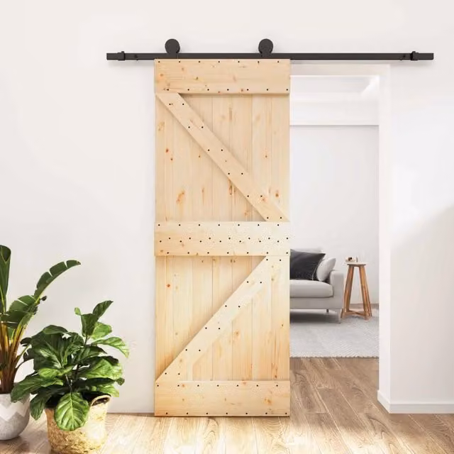 Porta scorrevole moderna vidaXL in legno di pino naturale e metallo nero L: 85 cm, H: 210 cm