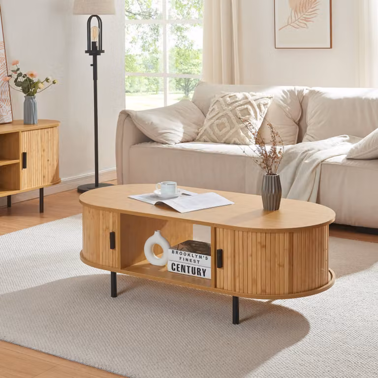 Tavolino 'Tvedestrand' con 2 ante scorrevoli Gambe in metallo 120 x 55 x 40 cm Natura