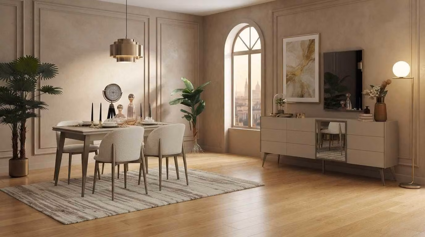 Set per sala da pranzo beige, moderno, tavolo da pranzo, sedie, consolle, specchio