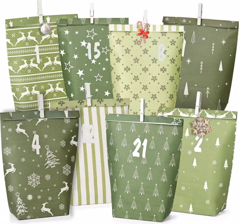 Calendario dell'Avvento sacchetti di carta verde da riempire da soli, calendario di Natale fai da te, 24 sacchetti regalo stampati