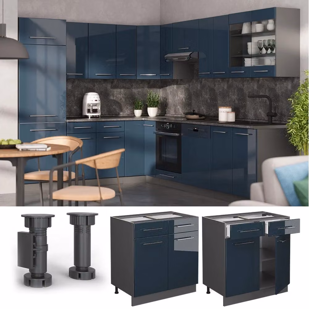 Mobiletto base per cucina Fame-Line Vicco Blu scuro lucido/Antracite L: 80 cm senza piano di lavoro – 2