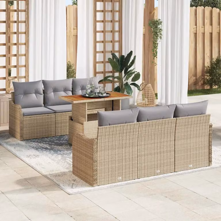 Set Divano da Giardino vidaXL 7 pz in Polyrattan con Cuscini Beige e Grigio Chiaro