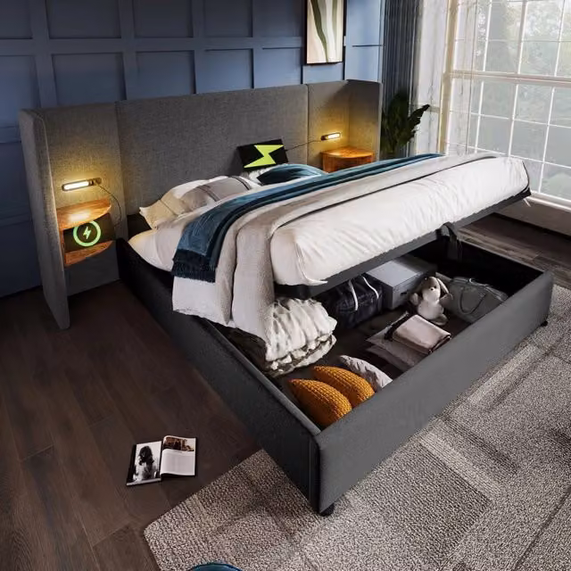 Letto matrimoniale imbottito 160 × 200 cm con vano contenitore luci USB e Type C rivestito in lino grigio
