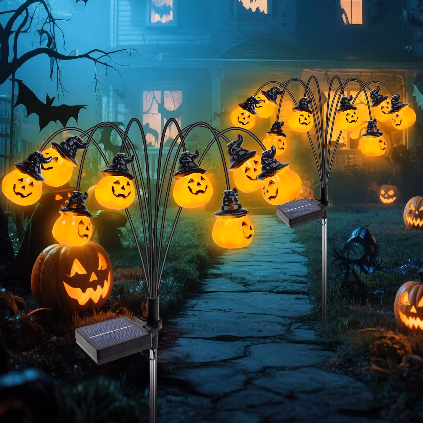 Set di 2 lanterne a forma di zucca solari, con 16 LED, 8 modalità, impermeabili