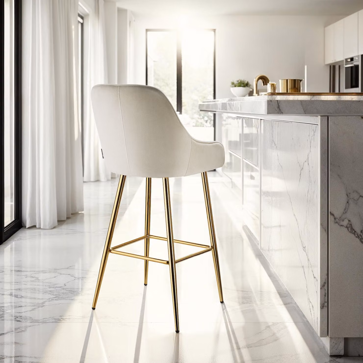 Set di 4 sgabelli da bar Avane TecTake GmbH con schienale, imbottiti in velluto beige e struttura in metallo oro, stile moderno – 2