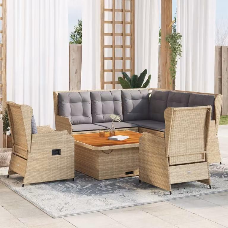 Set da esterno esclusivo per lounge, composto da 6 pezzi, con cuscini, in rattan sintetico beige