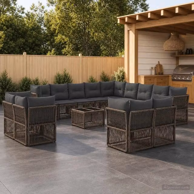 Set Divano da Giardino a L con Tavolino vidaXL, 14 Pezzi, Grigio con Cuscini e Struttura in Metallo e Polyrattan – 1