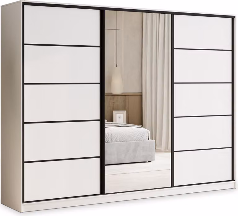Armadio scorrevole Masseno PINA 235/205/58 cm Armadio con 4 cassetti Armadio per camera da letto a 3 ante con specchio Bianco