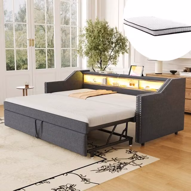Letto Imbottito Contenitore con LED ¨C MINIMAL ¨C Grigio Scuro, 90x190/180x190
