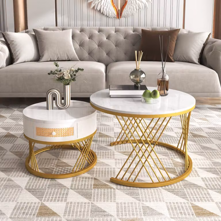 Set di 2 tavolini Tiema tavolino in marmo con ripiano rotondo Ø70 x 46 cm e Ø50 x 49 cm tavolino da salotto tavolino da divano motivo marmo struttura del tavolo in legno in metallo bianco