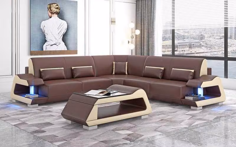 Luxus Ecksofa Ledersofa L-Form Sofa Braun Eckgarnitur Wohnzimmer Sofas