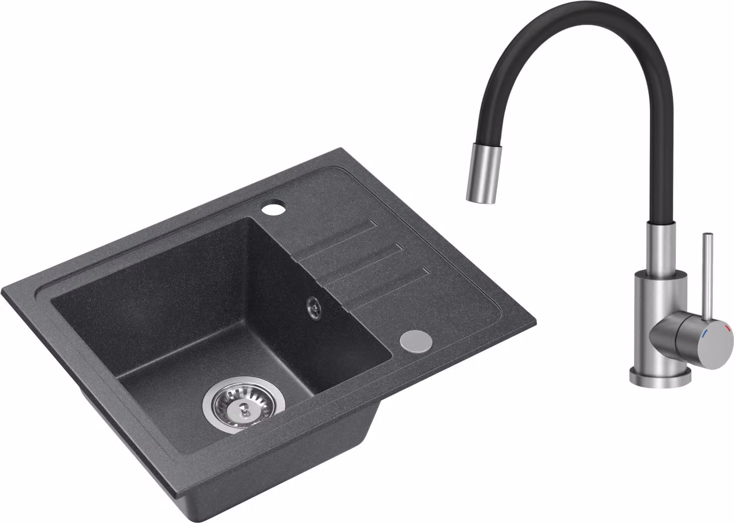 VBChome Lavello in granito nero con rubinetteria 55 x 44 cm Lavello da incasso a vasca singola Macchiettato Reversibile Lavello in granito Sifone Rubinetteria per lavabo