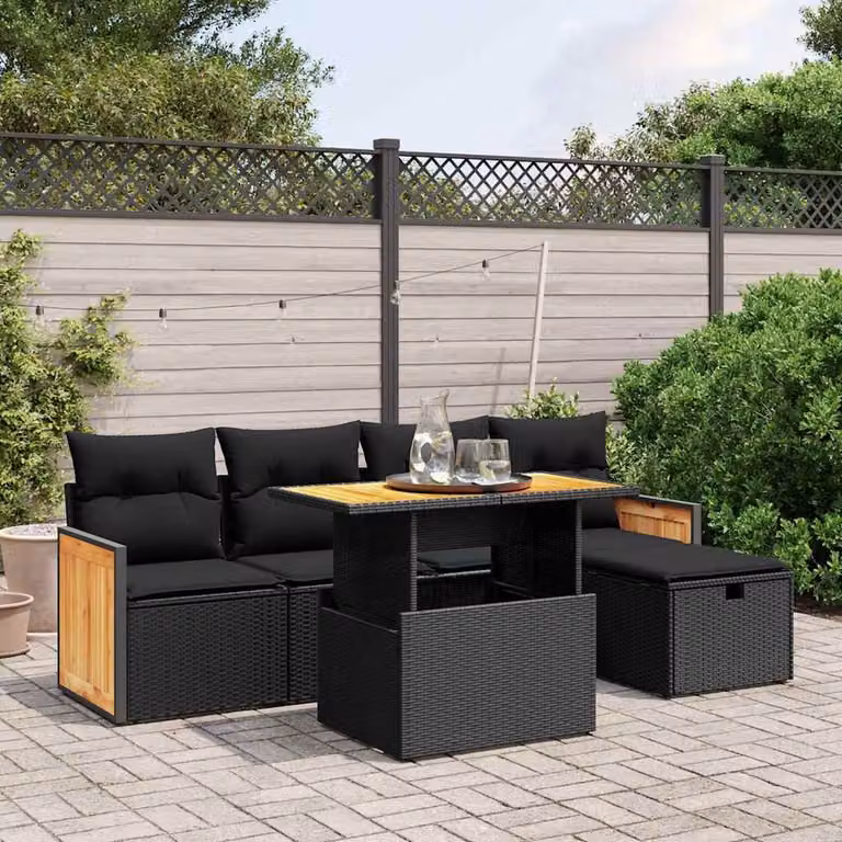 Set Divano da Giardino vidaXL 6 pz a L in Polyrattan Nero con Cuscini e Tavolino da Esterno