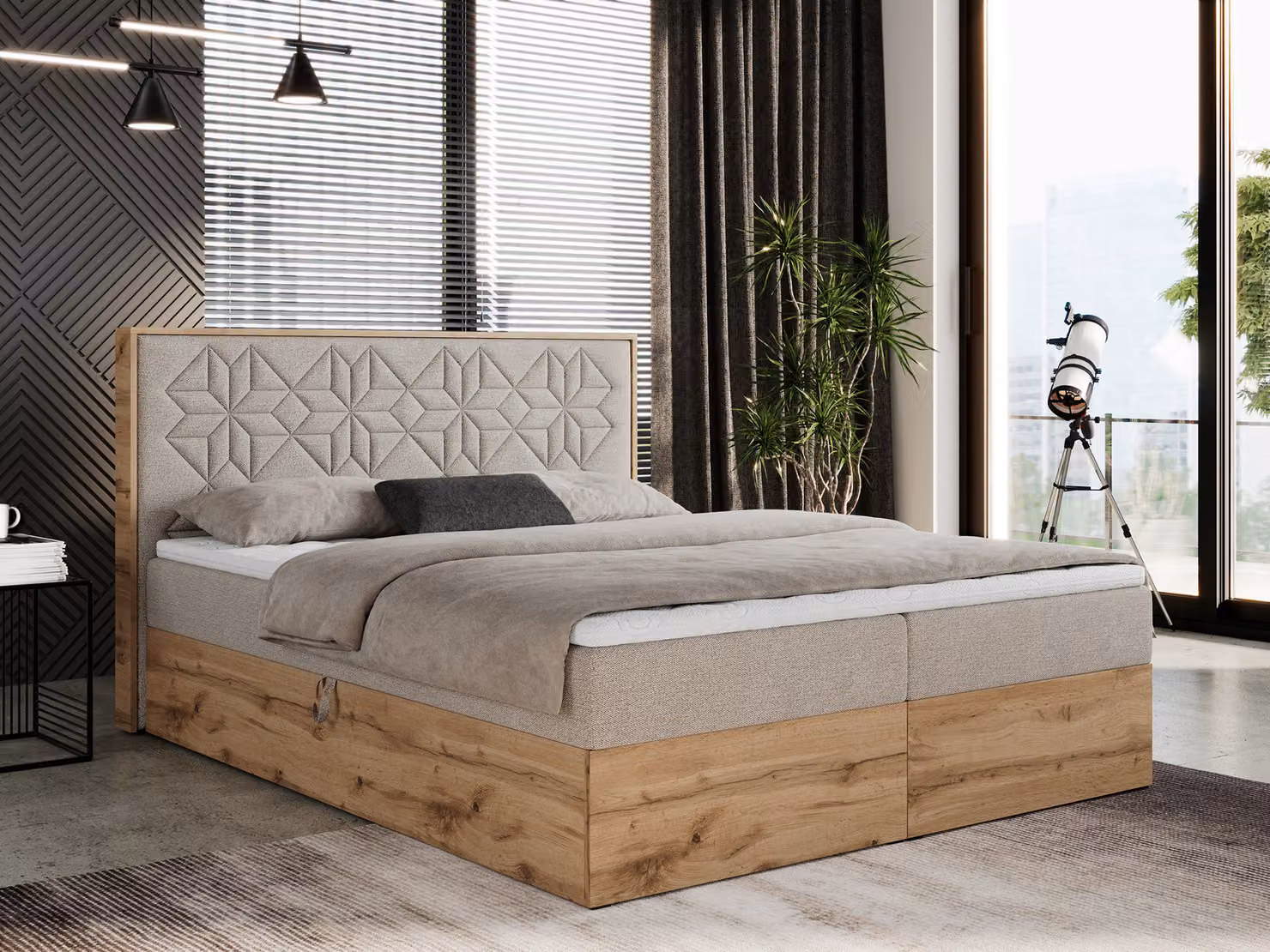 Letto boxspring 180x200 con contenitore, letto imbottito 180x200 con materasso H4, letto boxspring 180x200 con testiera, letto boxspring in legno massello - Nessi - Struttura beige - H4
