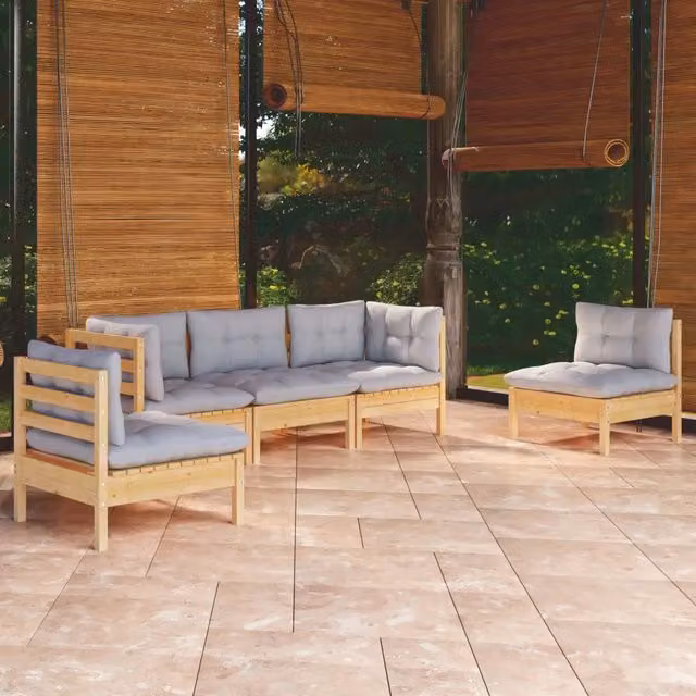 Set Divani da Giardino 5 pz con Cuscini Grigi Massello di Pino 3096183