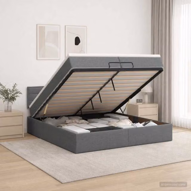 Letto ottomano con contenitore a sollevamento vidaXL in tessuto grigio con materasso 200 x 200 cm