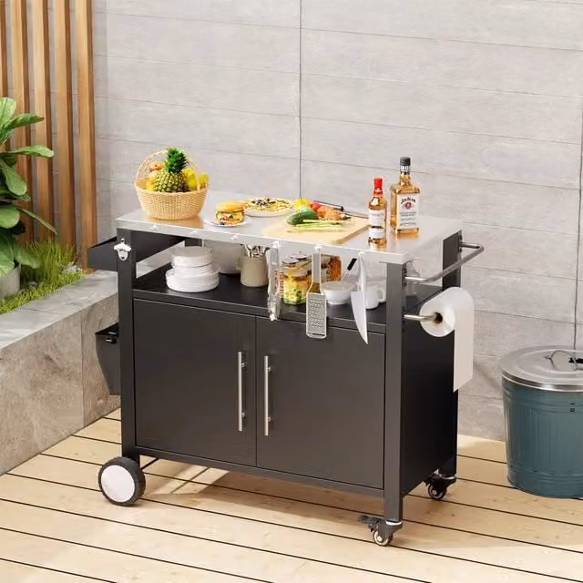 Carrello da Barbecue per Esterno con Ripiani e Ganci ¨C Xylo ¨C Nero