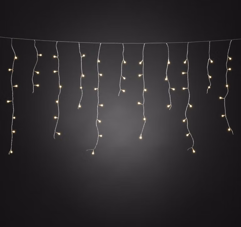 Konstsmide - Tenda luminosa a LED per la pioggia di ghiaccio, con globi bianchi, 200 diodi bianchi caldi, trasformatore per esterni da 24 V, cavo trasparente ; 3672-103