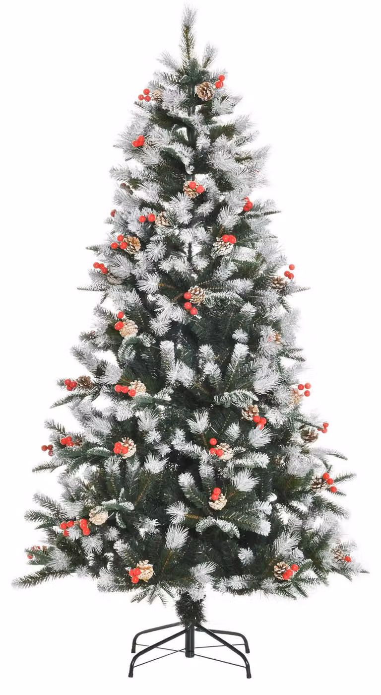 Albero di Natale Artificiale Innevato 180 cm 678 Rami con Bacche Rosse e Pigne Verde
