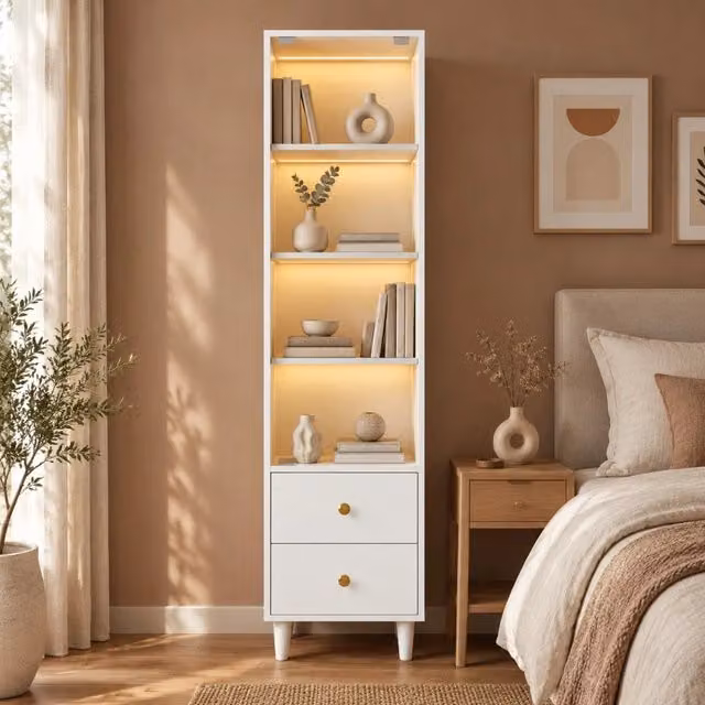 Vetrina bianca in MDF e vetro con illuminazione LED; 2 cassetti